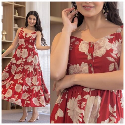 Coral Cotton print leeveless Ruffle Maxi Dress   coral cotton print leeveless ruffle maxi dress 3 2025 05 22 14 58 48.jpeg